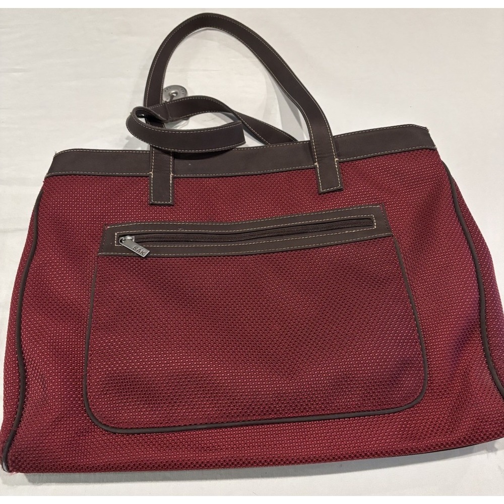 The Sak Burgundy Woven Tote Bag Large Traveler Weekender Leather Trim Purse